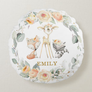 Cute Woodland Animals Yellow Floral Greenery  Round Cushion