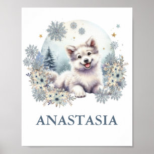 Cute woodland baby animal wolf dog winter theme poster