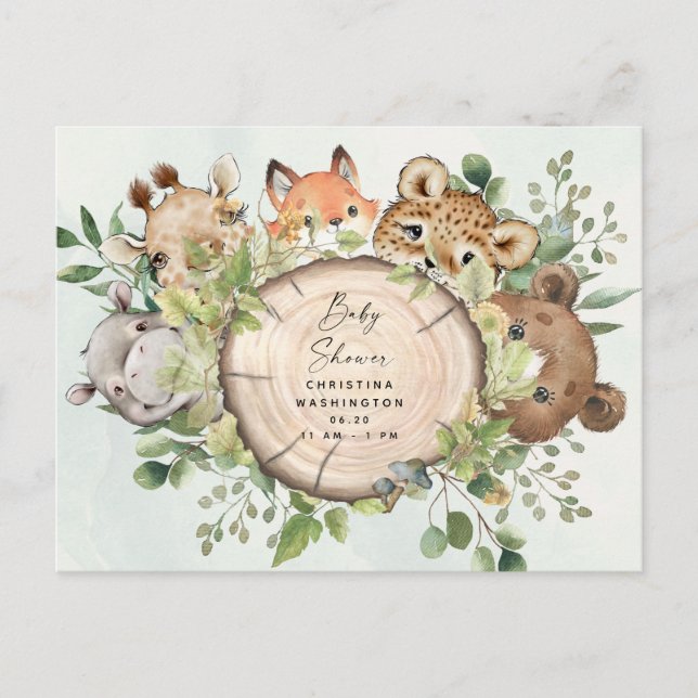 Cute Woodland Baby Animals Baby Shower Invitation Postcard (Front)
