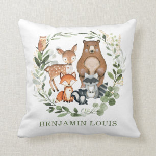 Cute Woodland Baby Animals Greenery Boy Nursery Cushion