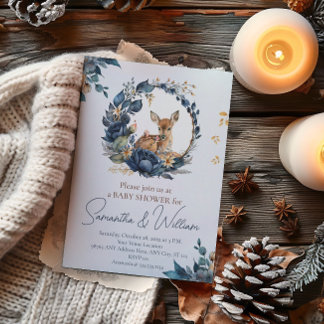 Cute Woodland Baby Deer Blue Floral Leaves Invitation