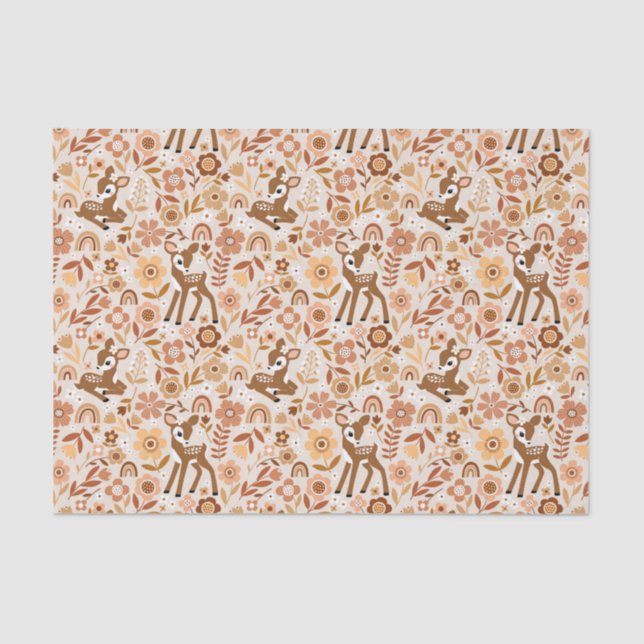 Cute Woodland Baby Deer Floral Pattern Tissue Paper (Front)