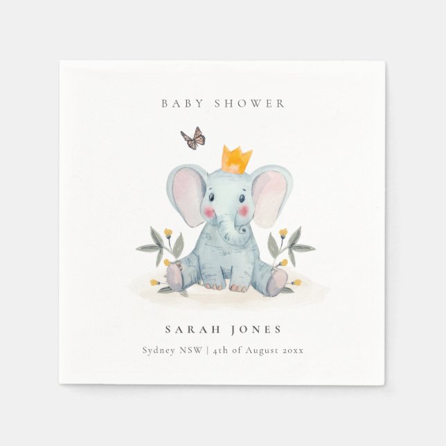 Cute Woodland Baby Elephant Foliage Baby Shower  Napkin (Front)