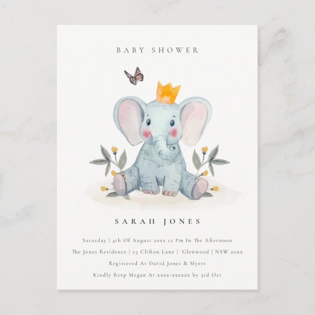 Cute Woodland Baby Elephant Foliage Baby Shower Postcard (Front)