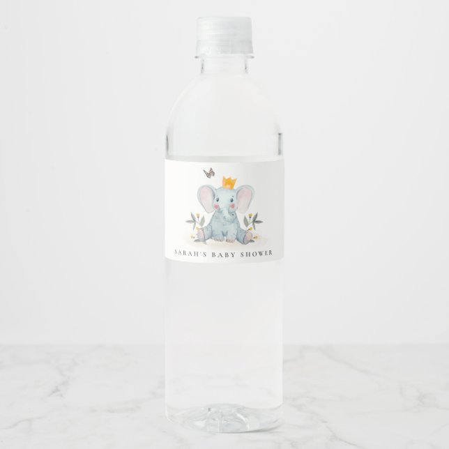 Cute Woodland Baby Elephant Foliage Baby Shower  Water Bottle Label (Front)
