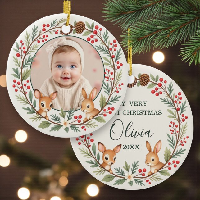 Cute Woodland Baby First Christmas Keepsake Ceramic Ornament (Creator Uploaded)