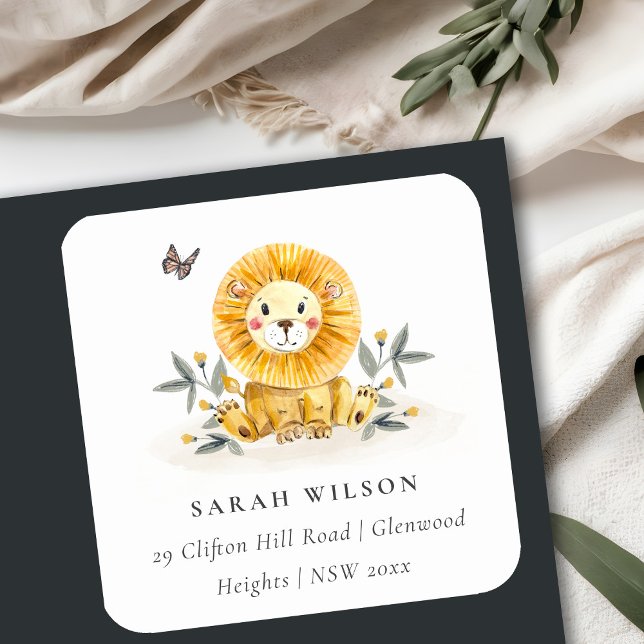 Cute Woodland Baby Lion Foliage Yellow Address Square Sticker (Creator Uploaded)