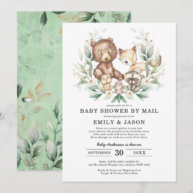 Cute Woodland Baby Shower By Mail Greenery Gold Invitation (Front/Back)