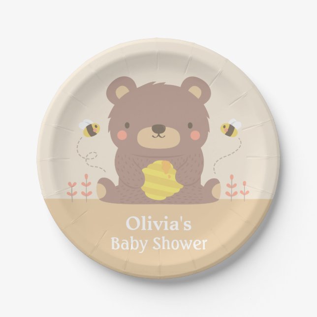 Cute Woodland Bear and Bees Baby Shower Supplies Paper Plate (Front)