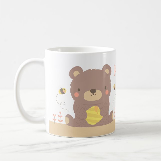 Cute Woodland Bear and Bees Kids Mug (Left)