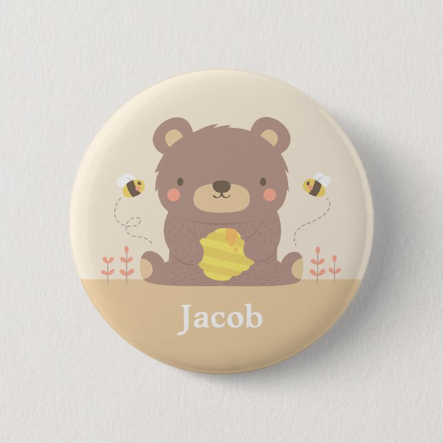 Cute Woodland Bear and Bees Personalised Button (Front)