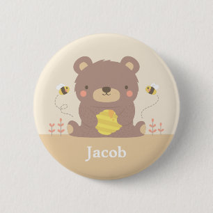 Cute Woodland Bear and Bees Personalised Button
