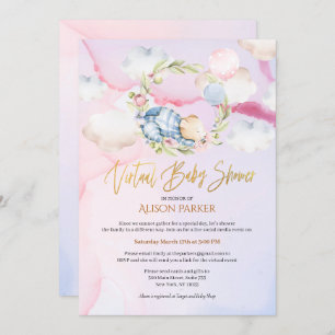 Cute Woodland Bear Floral Pink Sky Virtual Shower Invitation