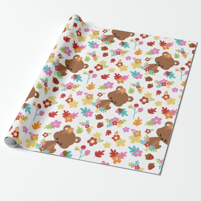 Cute Woodland Bear & Flowers Baby Girl Baby Shower Wrapping Paper (Unrolled)