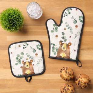 Cute Woodland Bear Greenery Bees Mushrooms Oven Mitt & Pot Holder Set