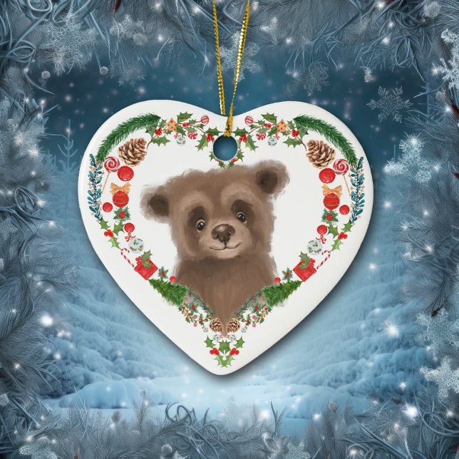 Cute Woodland Bear Heart Holiday Wreath Ceramic Ornament (Creator Uploaded)