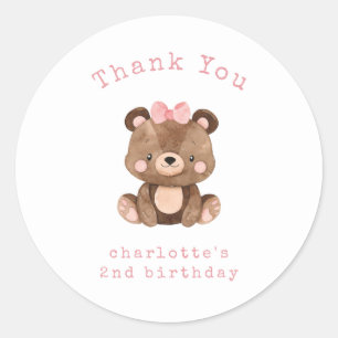 Cute Woodland Bear Pink Girl Birthday Thank You Classic Round Sticker