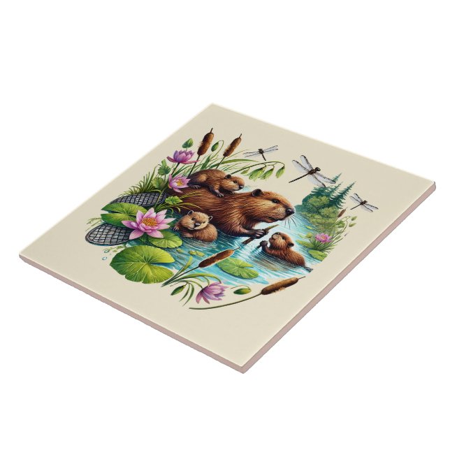 Cute woodland beaver lovers ceramic tile (Side)