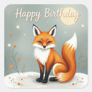 Cute Woodland Brown Fox Happy Birthday Square Sticker