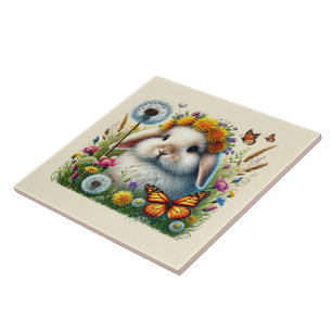 Cute woodland bunny bitterflies ceramic tile