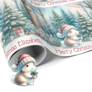 Cute Woodland Bunny Christmas Personalise Name  Wrapping Paper
