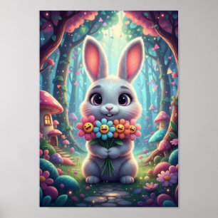 Cute Woodland Bunny Happy Smiley Flowers Poster