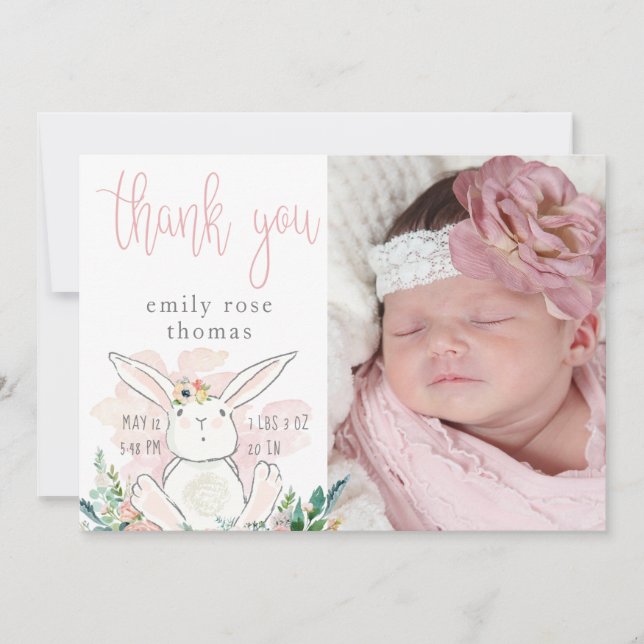 Cute Woodland Bunny Pink Baby Thank You Card (Front)