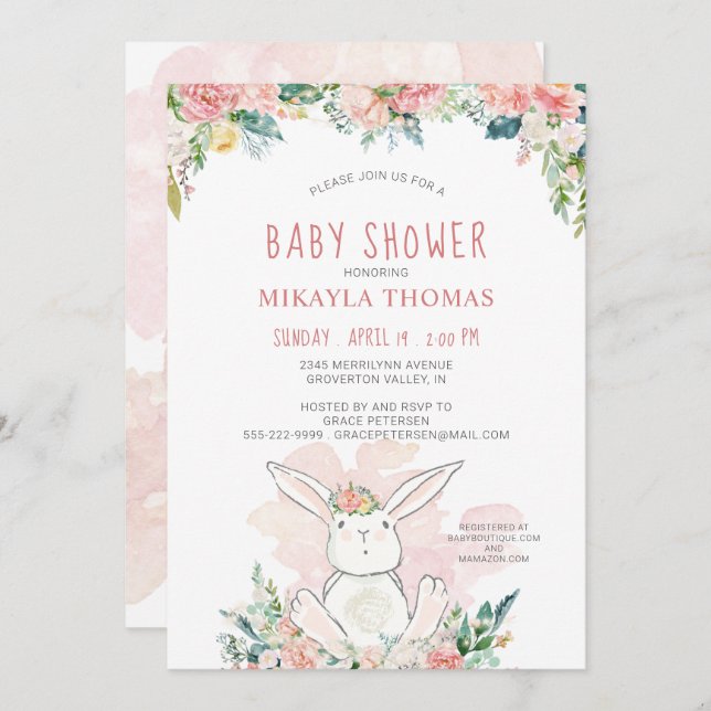Cute Woodland Bunny Pink Floral Baby Shower (Front/Back)