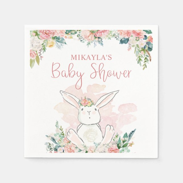 Cute Woodland Bunny  Pink Floral Baby Shower Napkin (Front)