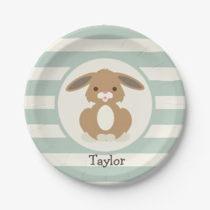 Cute Woodland Bunny Rabbit on Light Sage Green Paper Plate