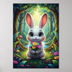 Cute Woodland Bunny Rabbit Spring Bouquet Poster