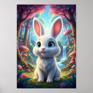 Cute Woodland Bunny Rabbit Waterfall Forest Poster