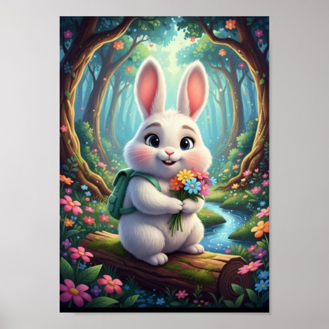 Cute Woodland Bunny Rabbit With Backpack Poster (Front)