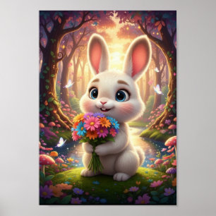 Cute Woodland Bunny Rabbit With Flower Bouquet  Poster