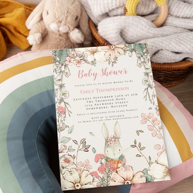 Cute Woodland Bunny Script Girl Baby Shower Invitation (Creator Uploaded)