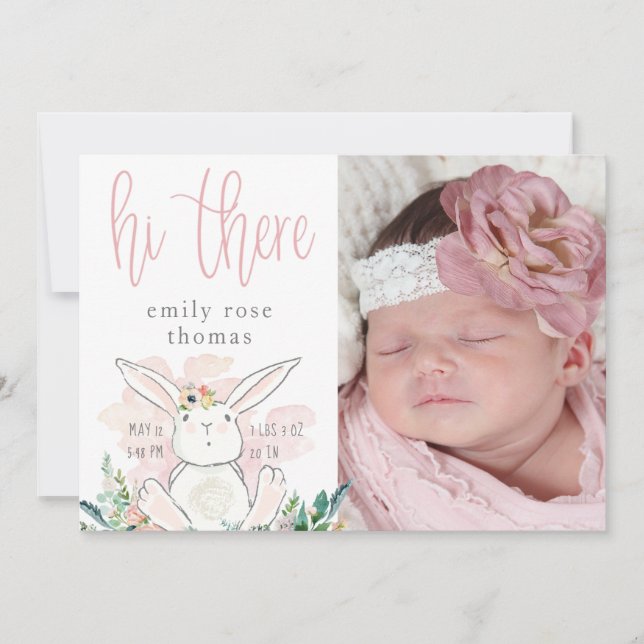 Cute Woodland Bunny Script HI THERE Pink Baby Girl Announcement (Front)