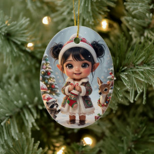 Cute Woodland Chibi Girl's Personalised Christmas Ceramic Ornament