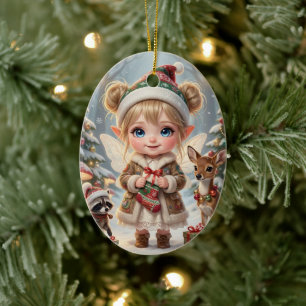 Cute Woodland Chibi Girl's Personalised Christmas Ceramic Ornament
