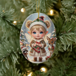 Cute Woodland Chibi Girl's Personalised Christmas Ceramic Ornament
