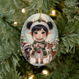 Cute Woodland Chibi Girl's Personalised Christmas Ceramic Ornament
