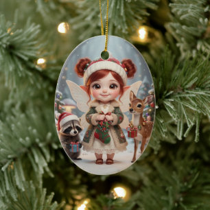 Cute Woodland Chibi Girl's Personalised Christmas Ceramic Ornament
