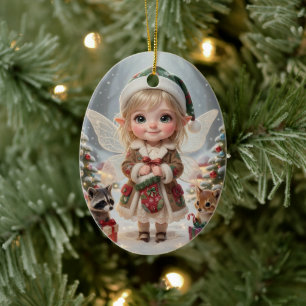 Cute Woodland Chibi Girl's Personalised Christmas Ceramic Ornament