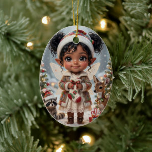 Cute Woodland Chibi Girl's Personalised Christmas Ceramic Ornament