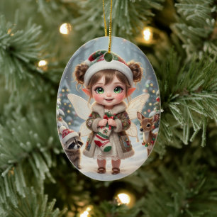 Cute Woodland Chibi Girl's Personalised Christmas Ceramic Ornament