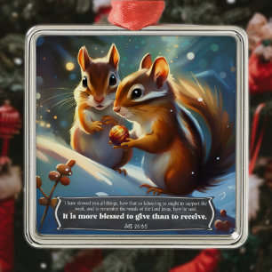 Cute Woodland Chipmunks Scripture Verse Christmas Metal Ornament