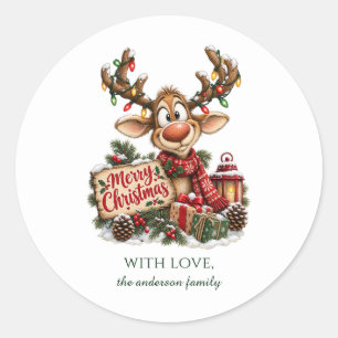 Cute Woodland Christmas Reindeer Personalised Classic Round Sticker