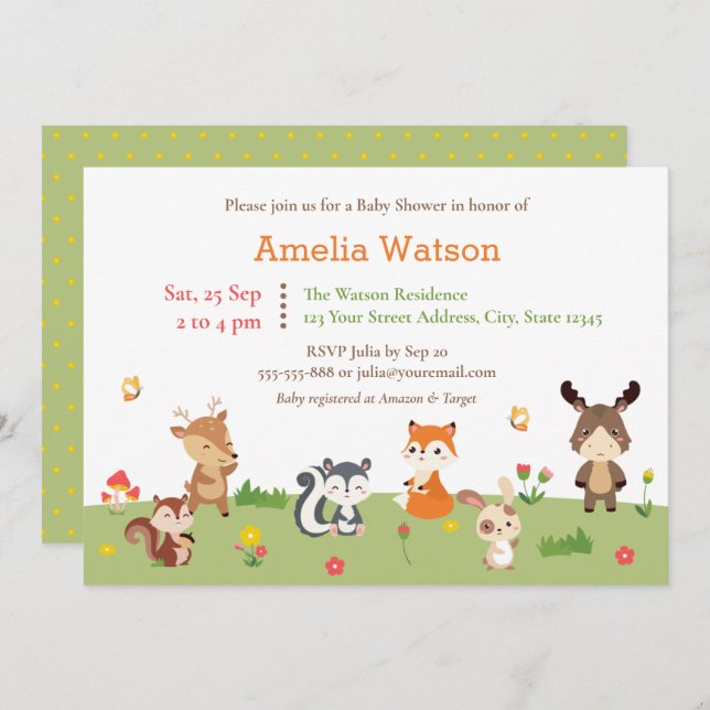 Cute Woodland Colourful Forest Animals Baby Shower Invitation (Front/Back)