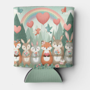Cute Woodland Creature rainbow valentine's Can Cooler