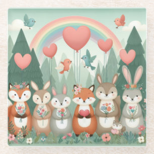 Cute Woodland Creature rainbow valentine's Glass Coaster