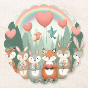 Cute Woodland Creature rainbow valentine's Paper Coaster